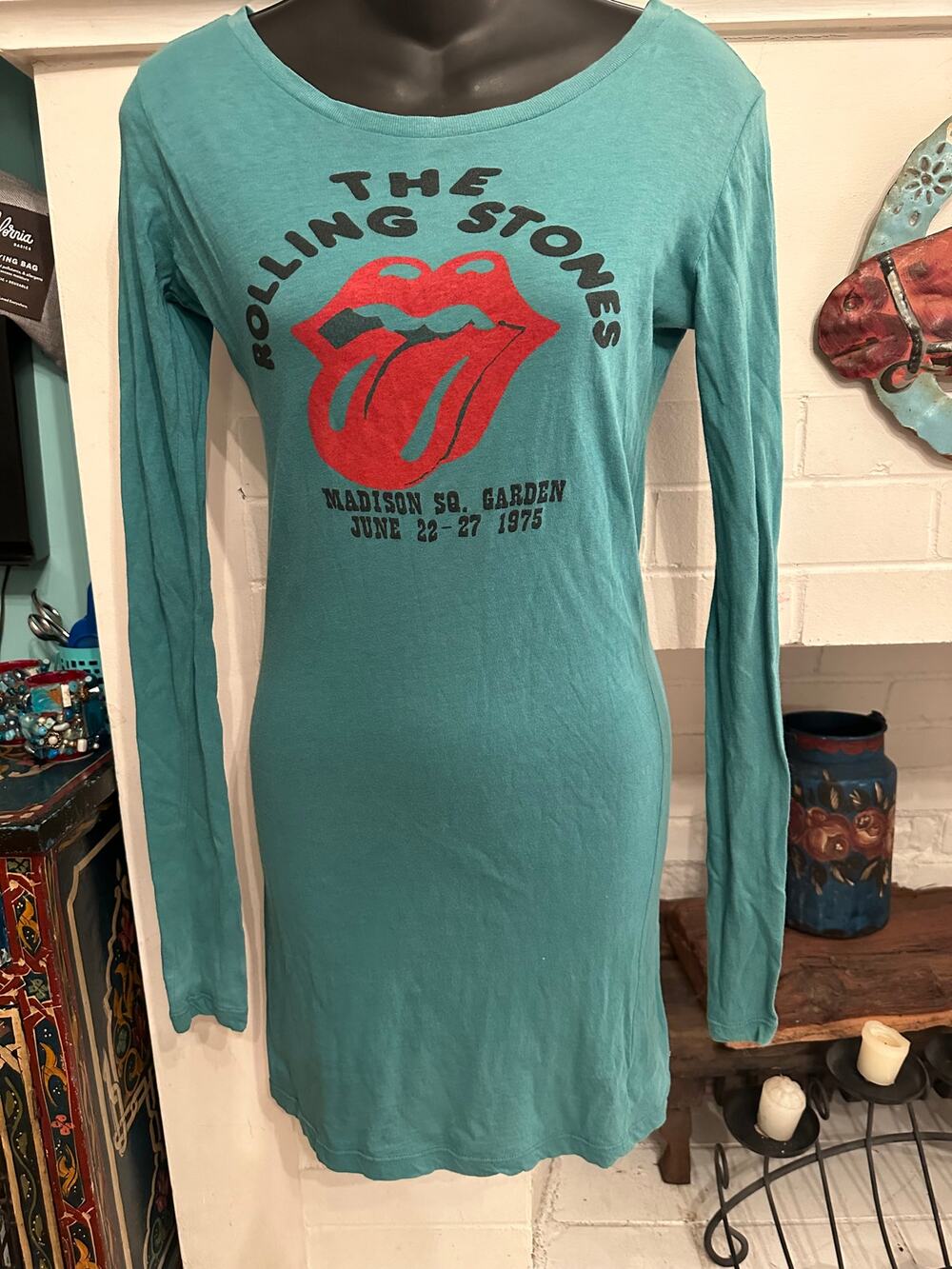 VINTAGE 90's ROLLING STONES TURQUOISE BAND TEE BODYCON DRESS